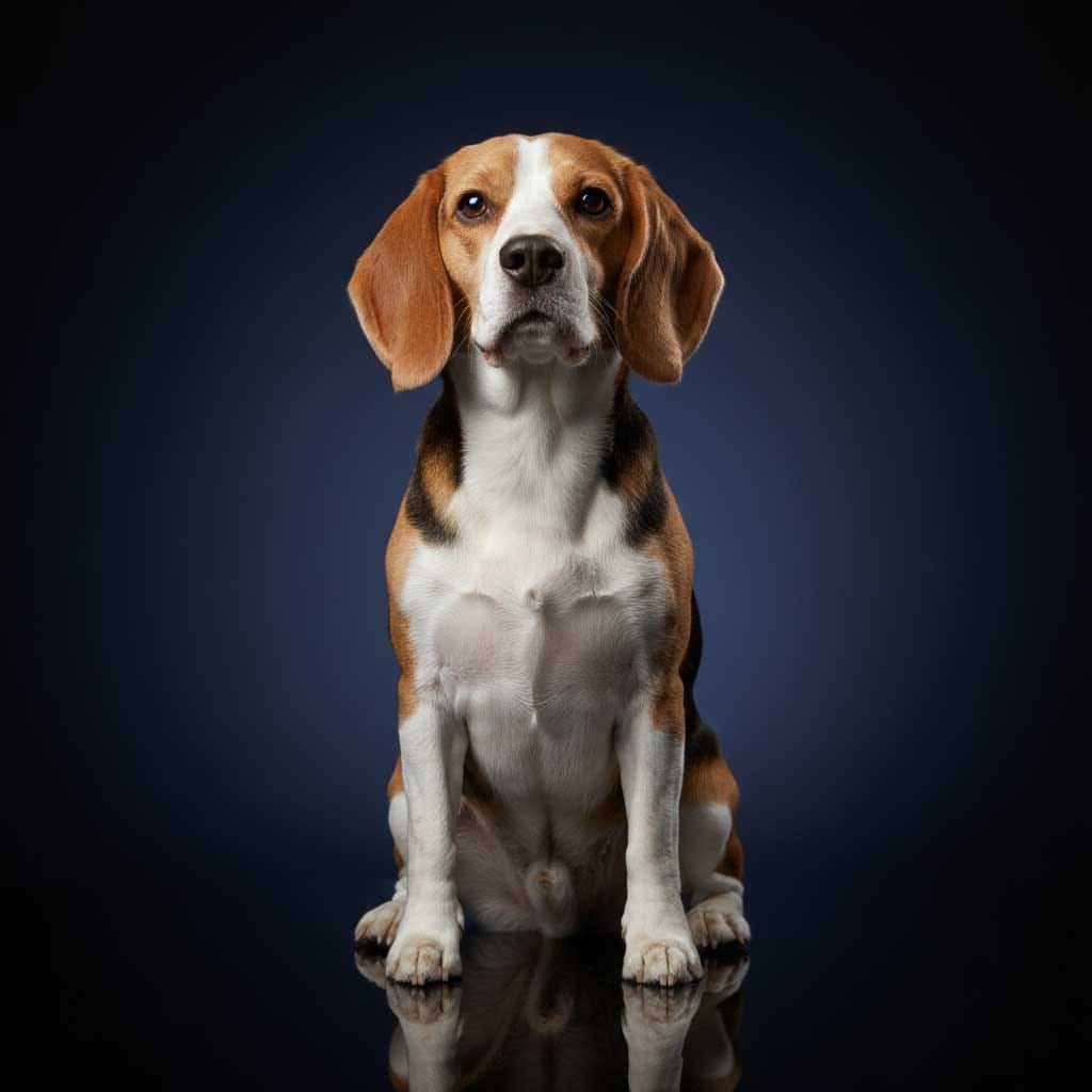 Private Dog Rehoming: A Dignified Guide for Purebred Owners 6 A Beagle sitting proudly against a premium dark studio background.