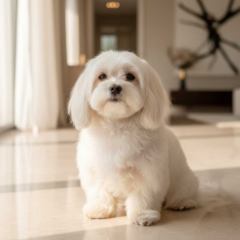 Photos of Your Dog for Rehoming: Capturing the SDA Boutique Standard 30 A happy Maltese dog in a luxury home setting, representing a successful rehoming transition