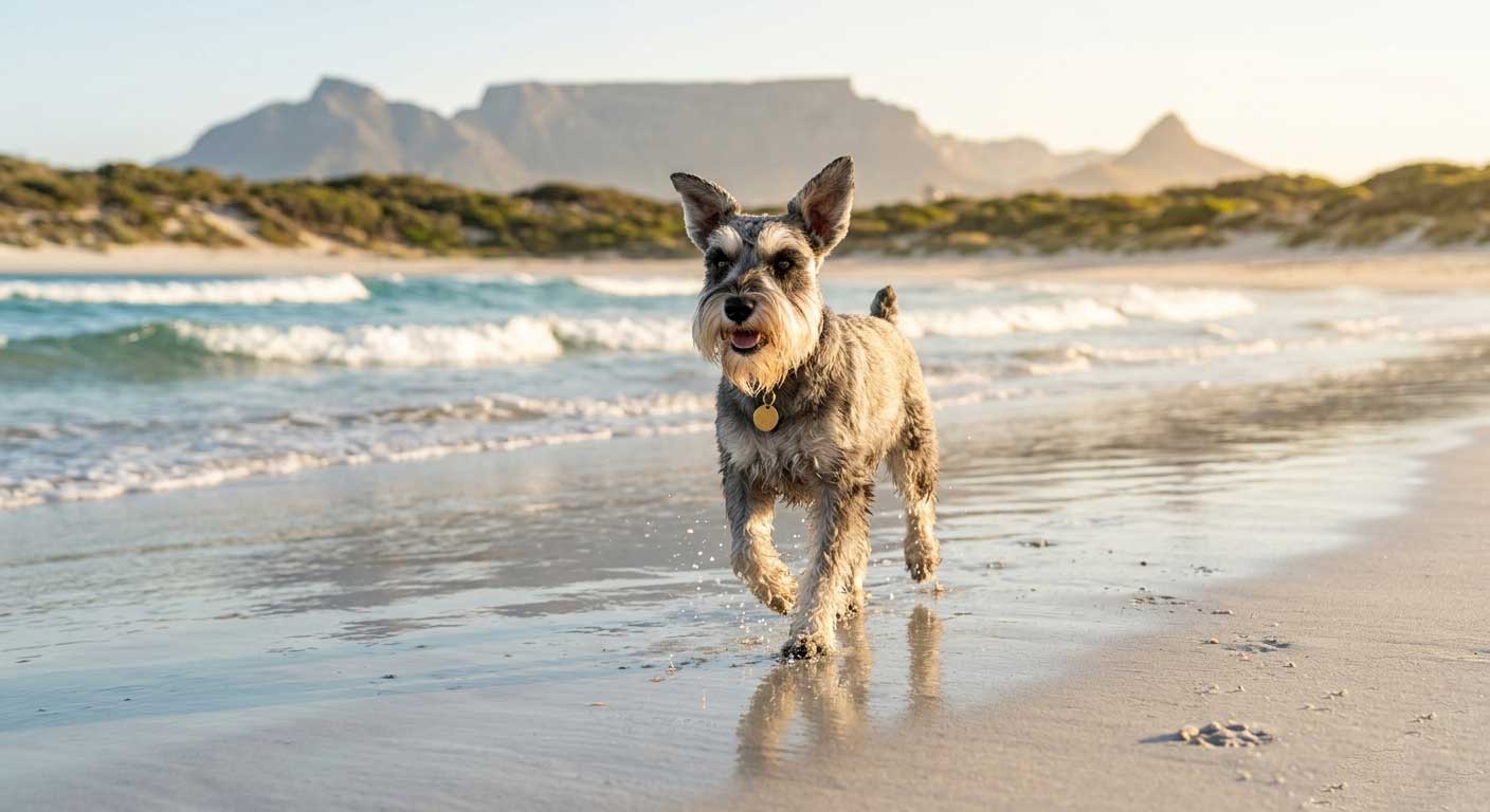 Photos of Your Dog for Rehoming: Capturing the SDA Boutique Standard 33 A Miniature Schnauzer walking on a Cape Town beach at water level during a golden hour sunset.