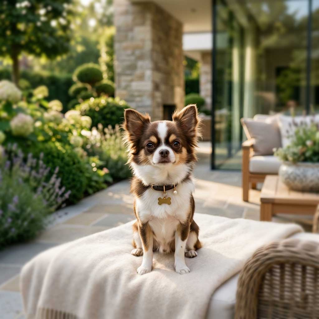 Photos of Your Dog for Rehoming: Capturing the SDA Boutique Standard 23 A brown and white Chi dog enjoying a luxury estate, representing our ability to safely rehome a Chihuahua in Gauteng.