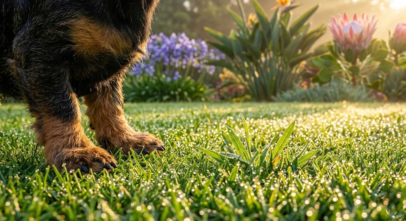 The Masterclass: How to Successfully Toilet Train Your Dog 3 A pristine green lawn and garden gate illustrating the designated "Garden Gallery" spot for elite toilet training.