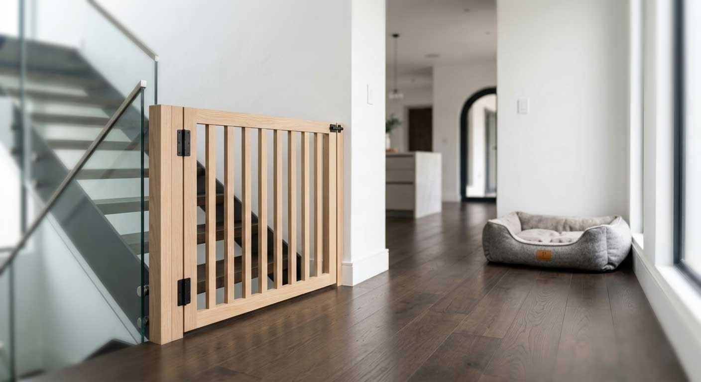 The Masterclass: How to Successfully Toilet Train Your Dog 5 A high-end wooden baby gate used to manage indoor space and prevent accidents for small breed companions.