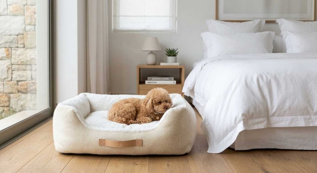 The Masterclass: How to Successfully Toilet Train Your Dog 7 A pampered Toy Poodle resting in a designer dog bed, demonstrating the natural instinct of dogs to keep their sleeping quarters clean.