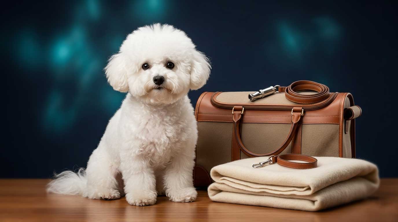 The Dog Meet and Greet Guide: Bichon Frise sitting with travel bag, ready for specialist handover protocol - Small Dog Adoptions