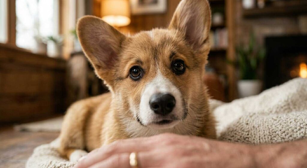 Photos of Your Dog for Rehoming: Capturing the SDA Boutique Standard 21 Curious Corgi observing a new person during a calm dog meet and greet - SDA Protocol