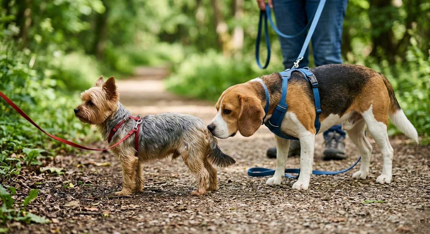 Calm 3-second sniff during a boutique dog-to-dog introduction.