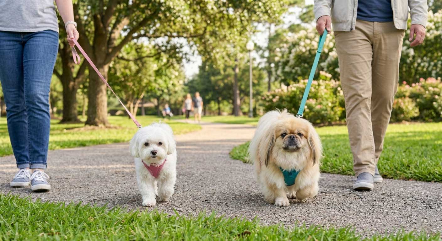 Two small dogs on a parallel walk for a safe dog-to-dog introduction - SDA Specialist Guide
