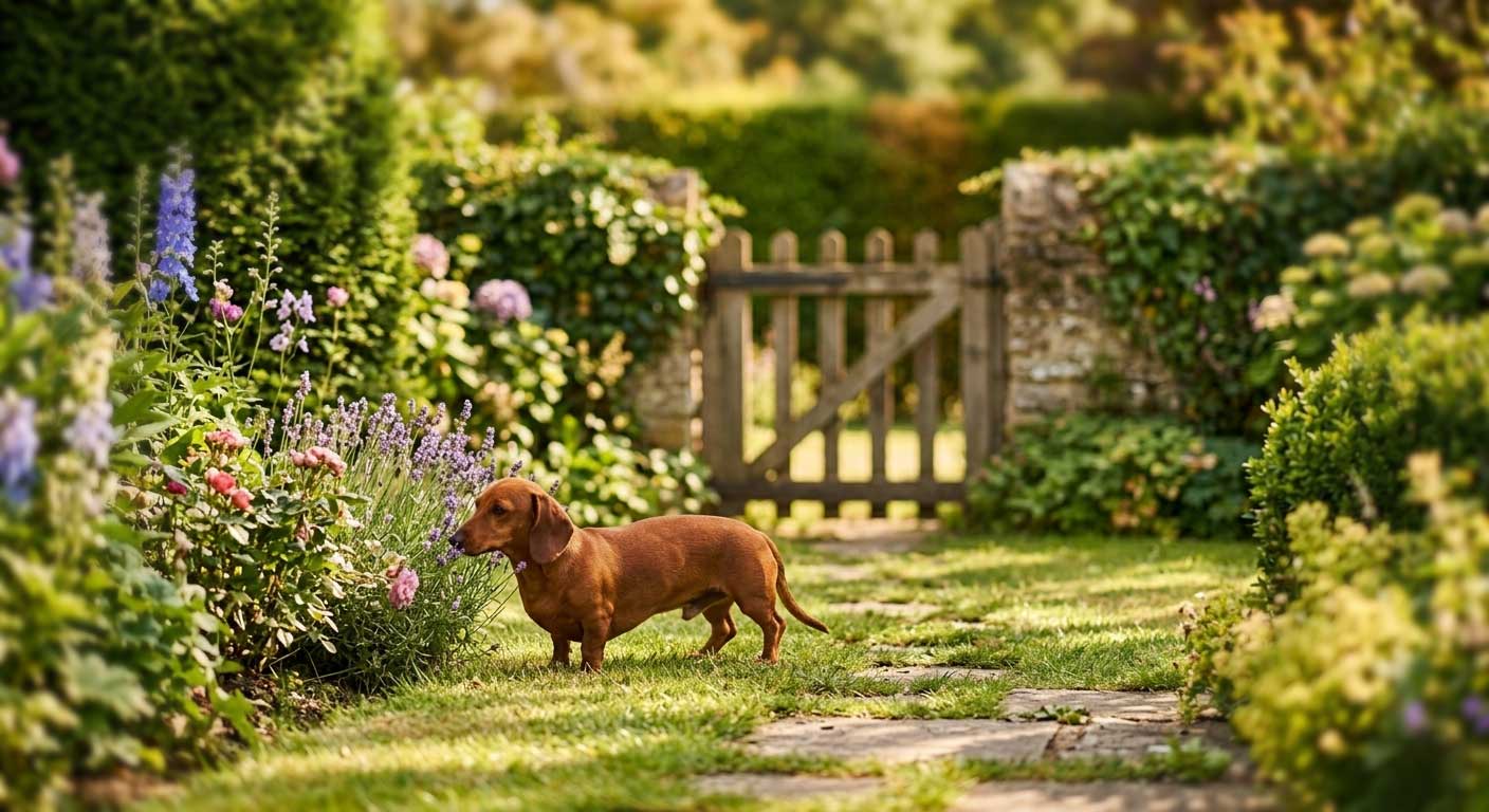 New dog exploring garden alone before a home dog-to-dog introduction.