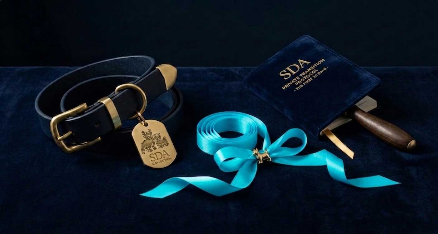 Professional flat-lay of SDA Private Transition Protocol guide with leather dog collar and branded brass tag on navy velvet.