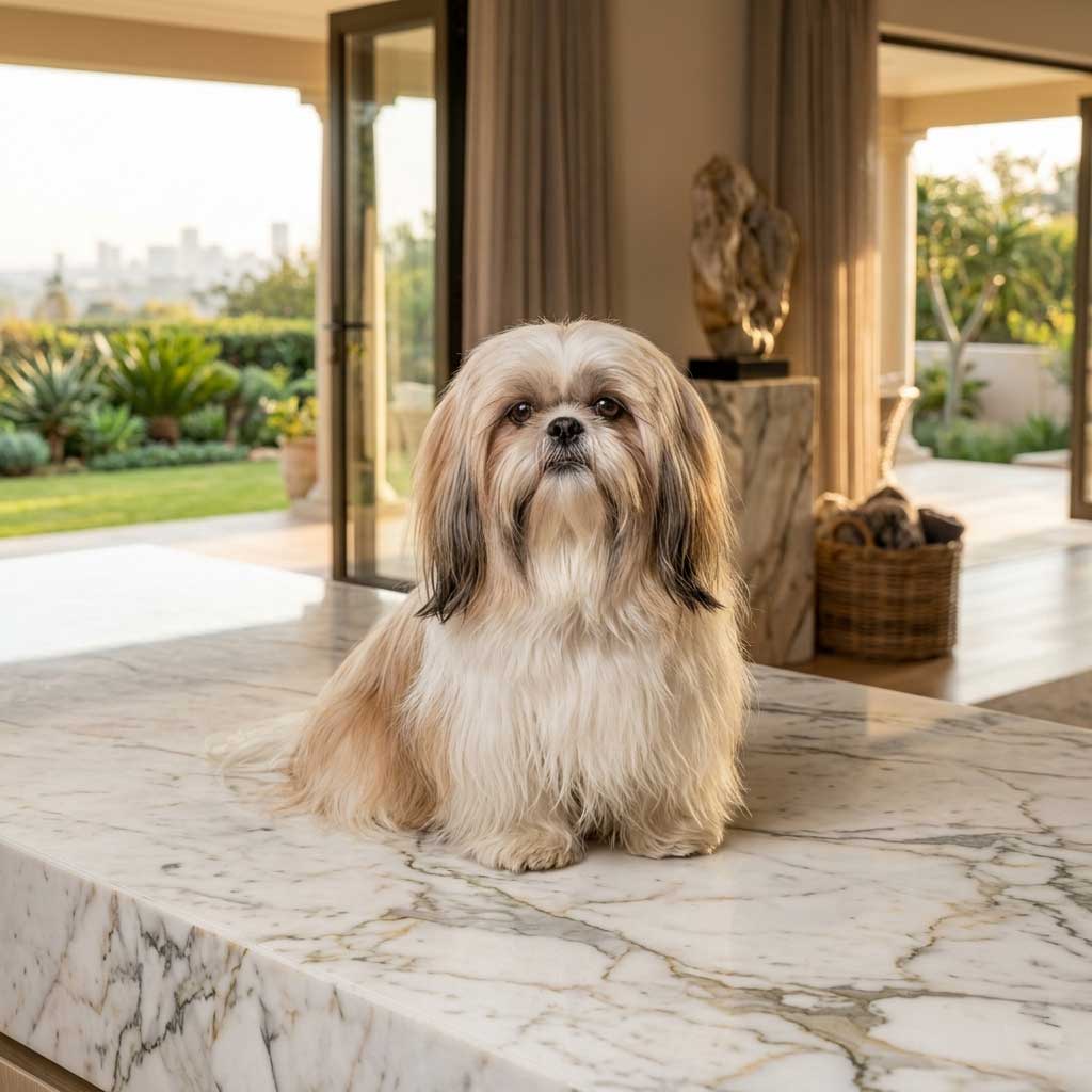 Private Dog Rehoming: A Dignified Guide for Purebred Owners 7 Private Dog Rehoming. A well-groomed Shih Tzu sitting on a marble table inside a bright, upscale home with large windows.