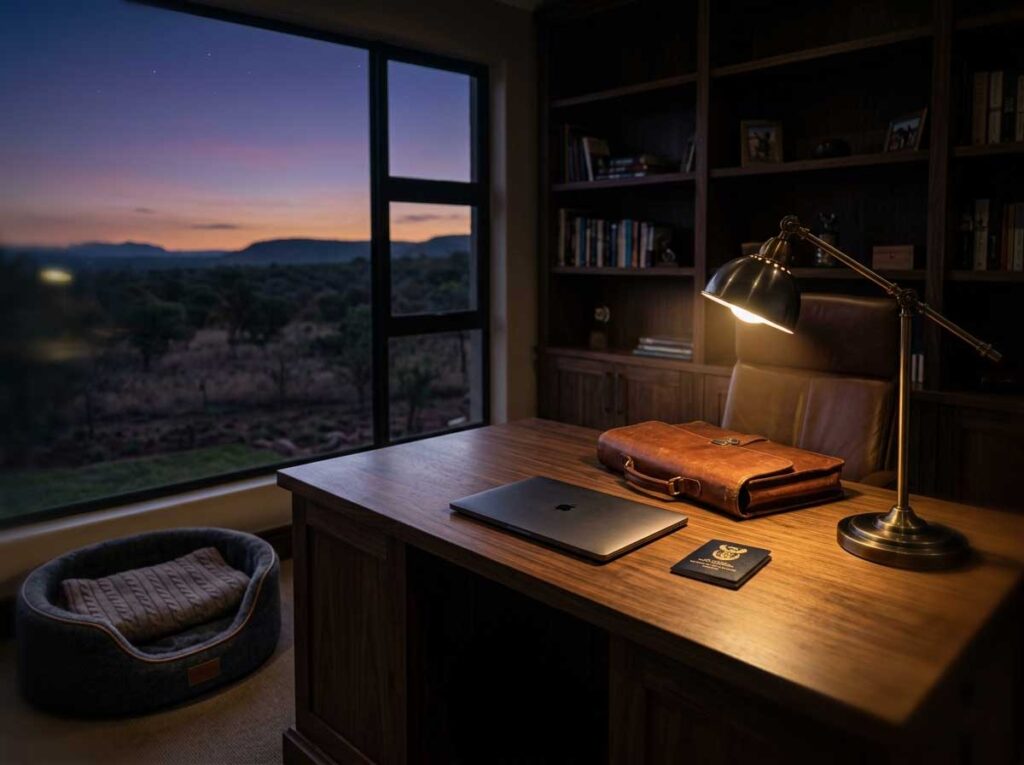 No Time For Your Dog? A Loving, Guilt-Free Guide to Rehoming 3 A home office with a briefcase and passport, symbolizing a demanding career that leaves no time for a dog.