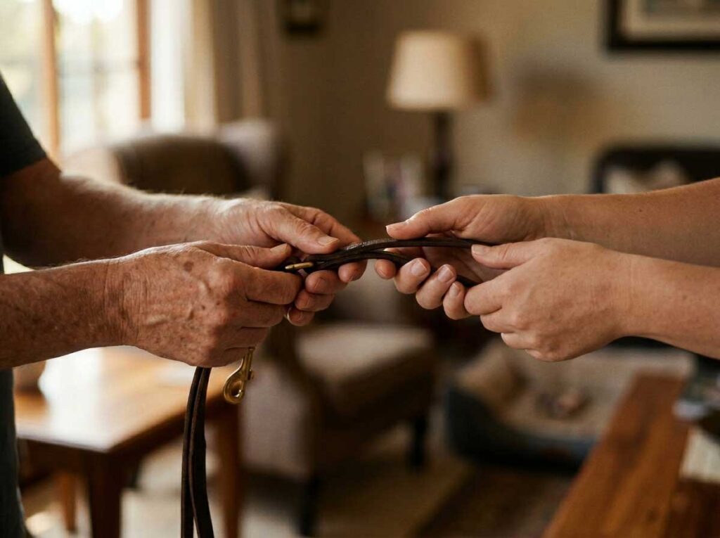 No Time For Your Dog? A Loving, Guilt-Free Guide to Rehoming 4 An owner's hands gently passing their dog's leash to another person, symbolizing the emotional weight of rehoming.