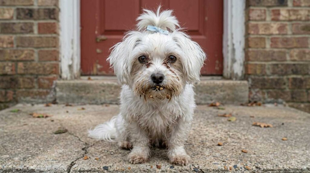 Photos of Your Dog for Rehoming: Capturing the SDA Boutique Standard 8 Avoid: Dirty dog with food stains and tear-goo.