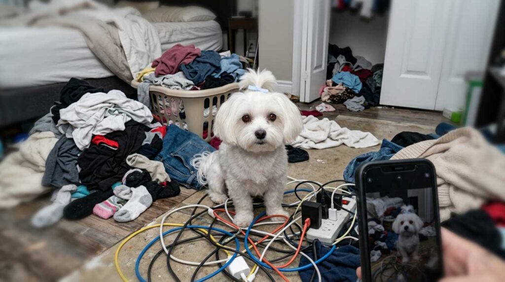 Photos of Your Dog for Rehoming: Capturing the SDA Boutique Standard 4 Avoid: Dog on a messy floor with laundry and cables