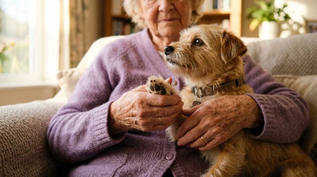 Rehoming a Dog When Retiring in SA 10 Compassionate hands holding a dog's paw, showing specialized rehoming care.