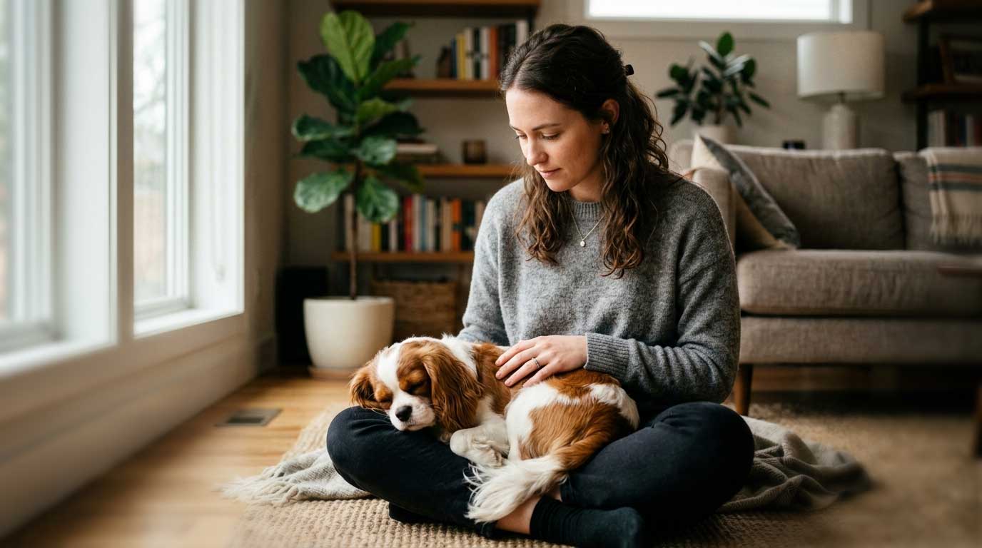 No Time For Your Dog? A Loving, Guilt-Free Guide to Rehoming 1 No time for your dog: A young woman lovingly stroking her small dog, contemplating the difficult decision of rehoming due to a busy life.