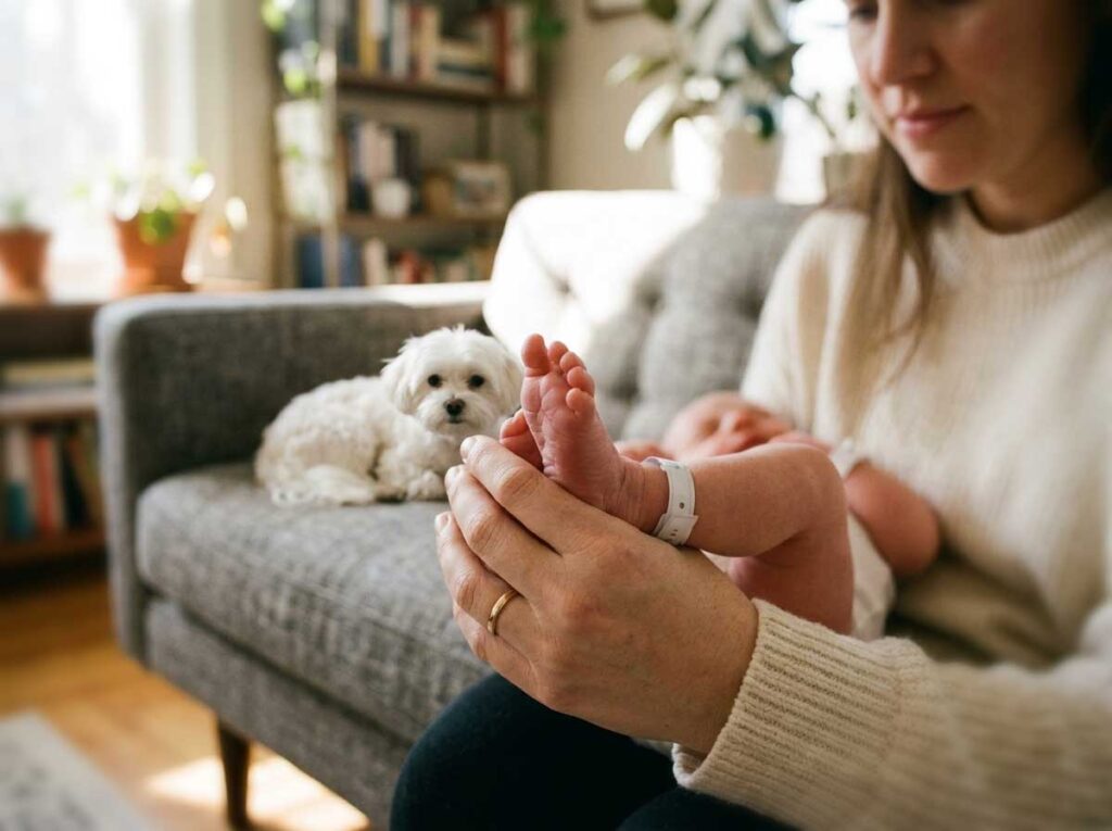 No Time For Your Dog? A Loving, Guilt-Free Guide to Rehoming 2 A newborn baby's foot held by a mother, with the family's small dog resting in the soft-focus background.