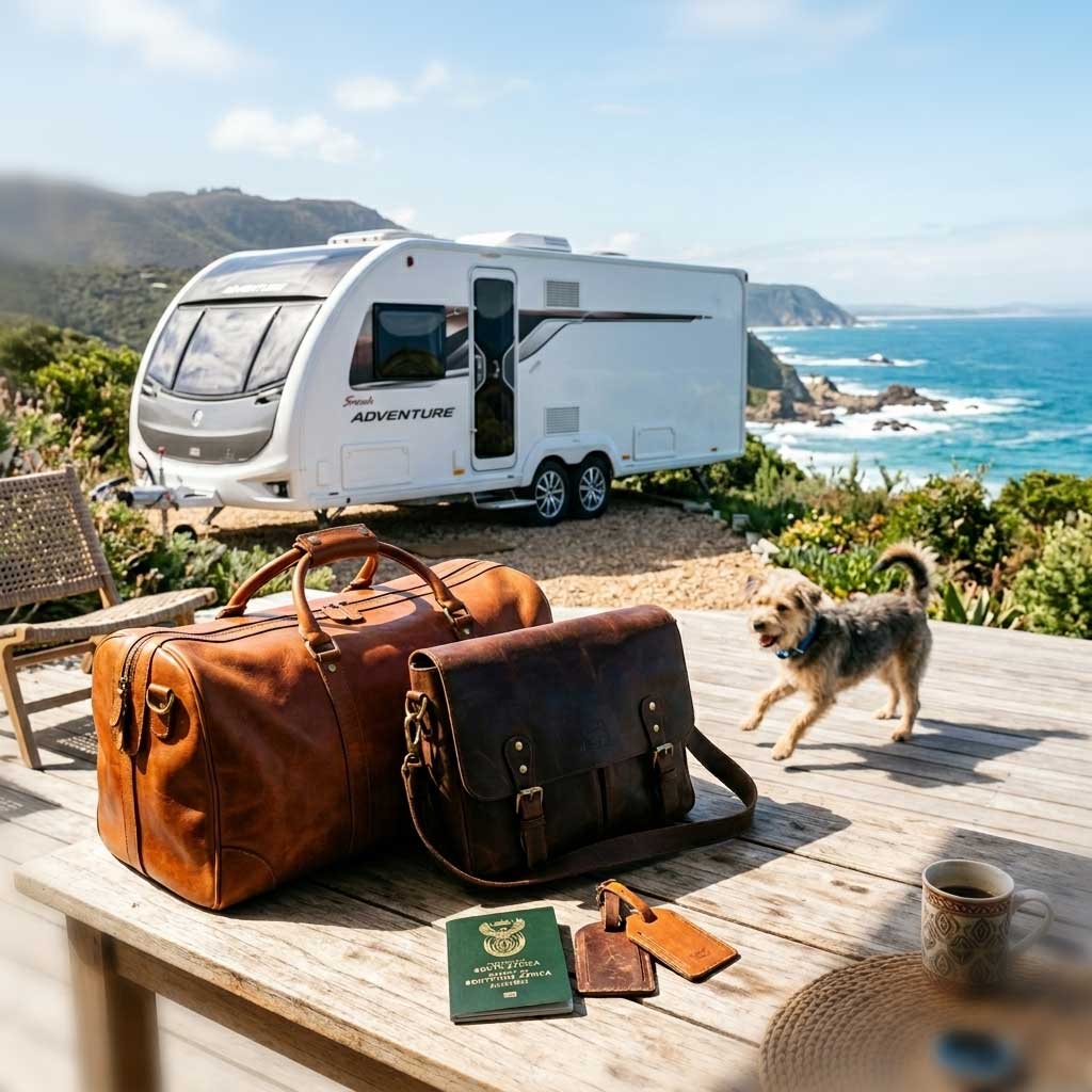 Rehoming a Dog When Retiring in SA 4 Travel bags and a passport on a table with a luxury caravan in the background, symbolizing retirement travel plans.