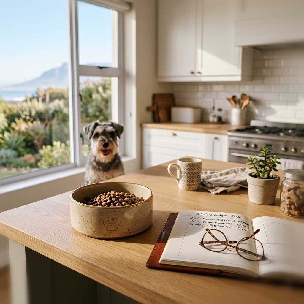 Rehoming a Dog When Retiring in SA 5 A dog food bowl next to a ledger and reading glasses, representing the financial cost of pet care.