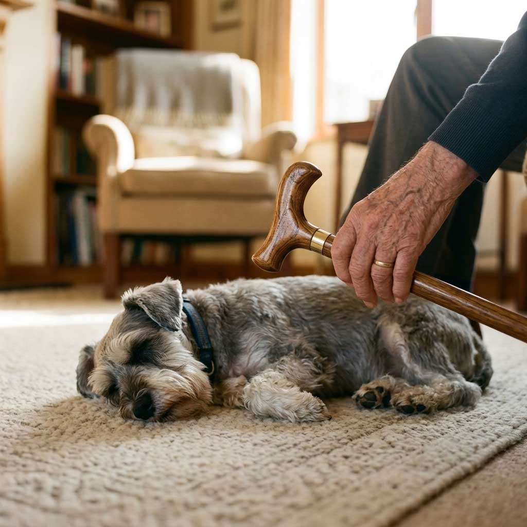 Rehoming a Dog When Retiring in SA 3 A small dog sleeping peacefully next to an elderly owner's walking cane on a soft rug.
