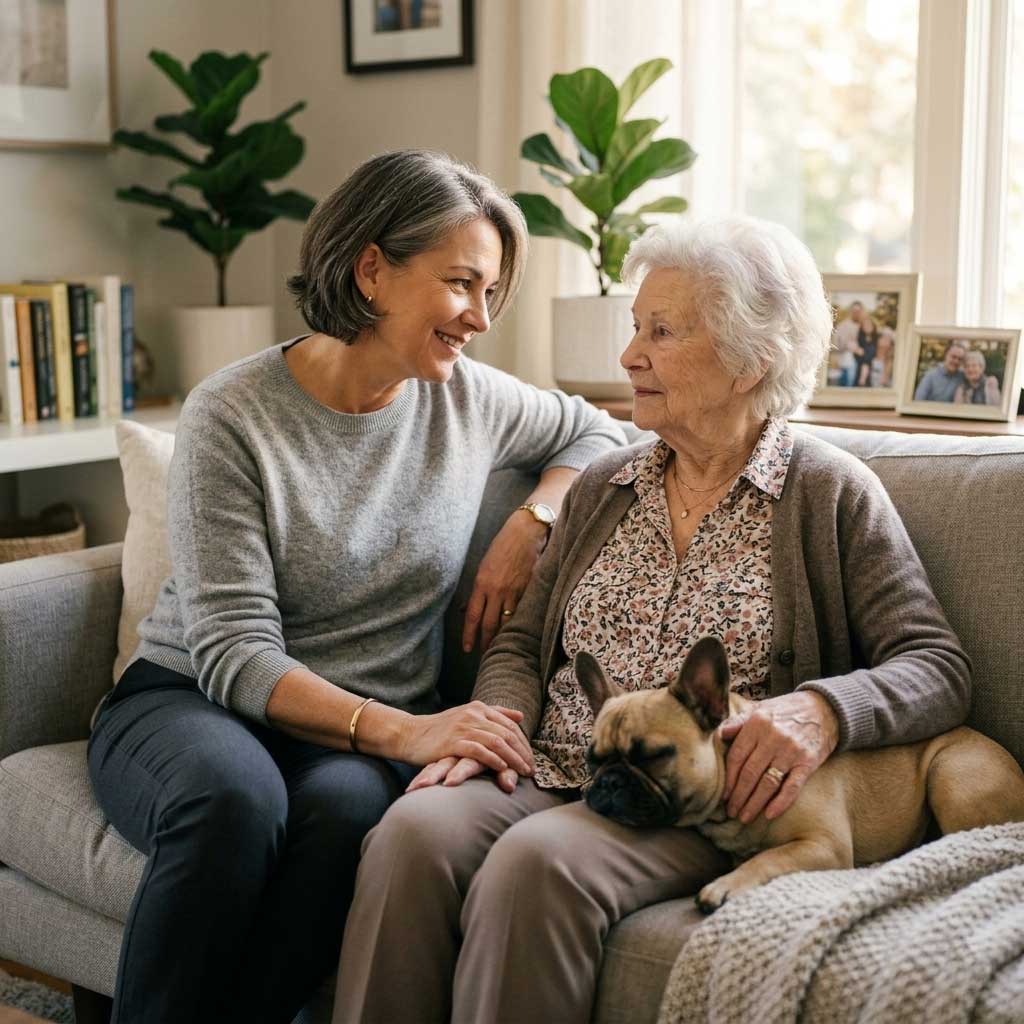 Rehoming a Dog When Retiring in SA 6 Adult daughter supporting her elderly mother while a small French Bulldog rests on her lap.