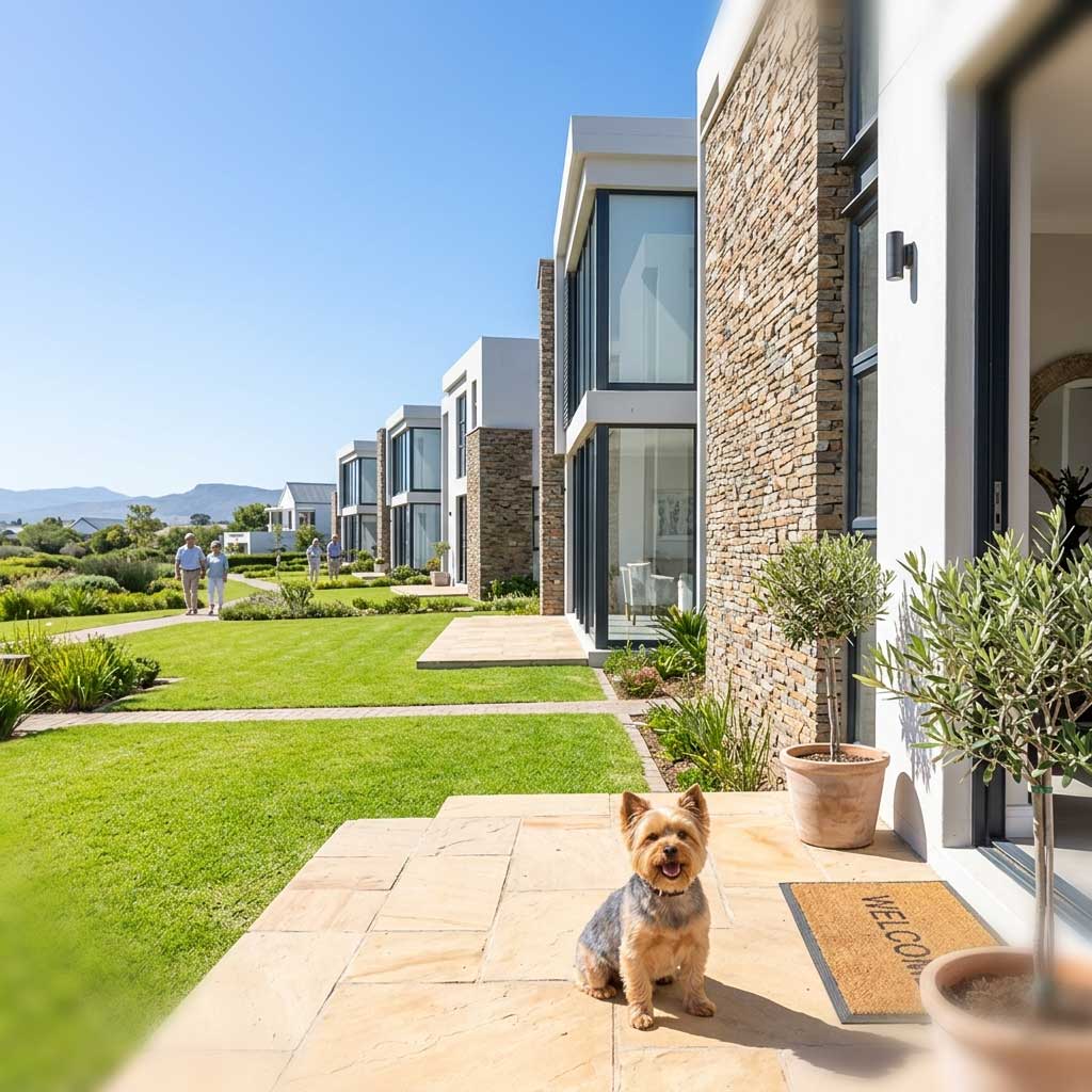 Rehoming a Dog When Retiring in SA 2 Small Yorkshire Terrier sitting on a patio at a luxury retirement estate in South Africa.