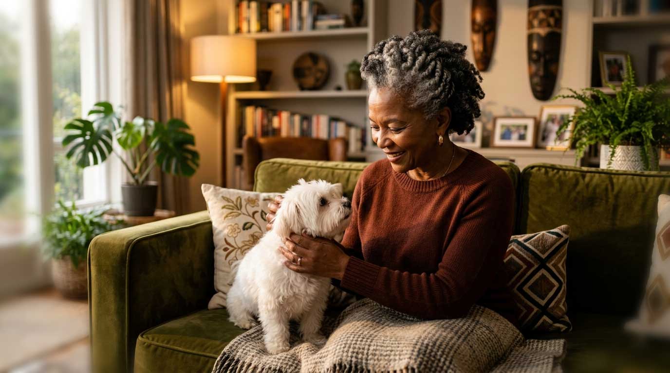 Older woman lovingly petting her small dog in a comfortable living room while considering rehoming for retirement.