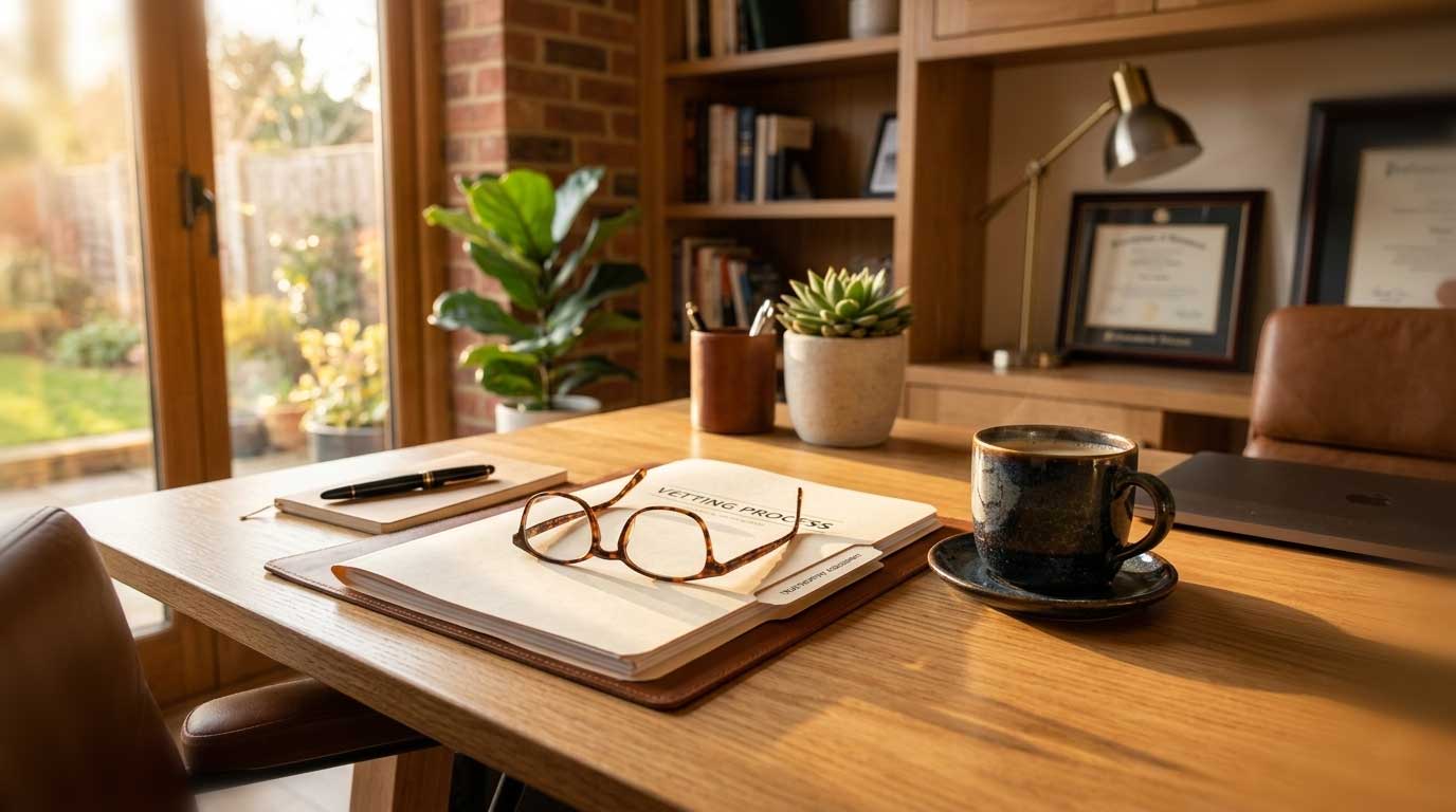 Rehoming a Dog When Retiring in SA 8 A neat file folder and reading glasses on a desk, representing the careful review of adoption applications.