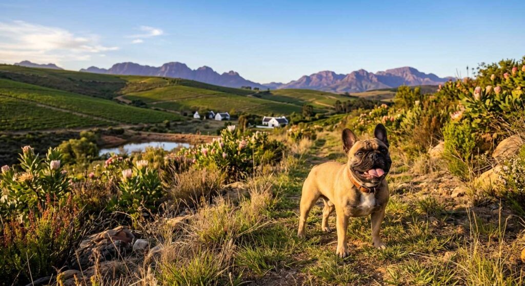 French Bulldog South Africa: The Complete Breed Guide 9 Fawn French Bulldog in the scenic Cape Winelands natural landscape of South Africa