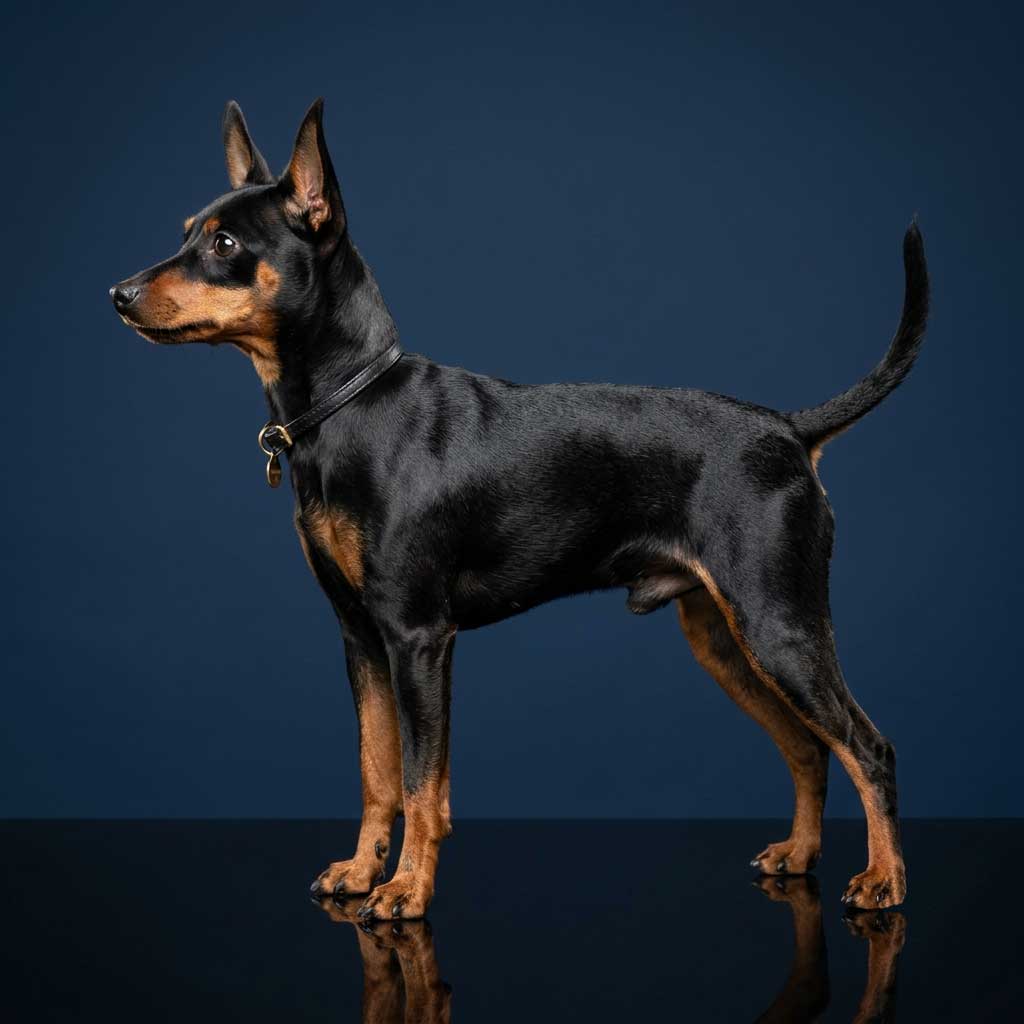 Miniature Pinscher: The Complete Breed Guide 4 A classic Black and Tan Miniature Pinscher standing alertly against a midnight navy backdrop.