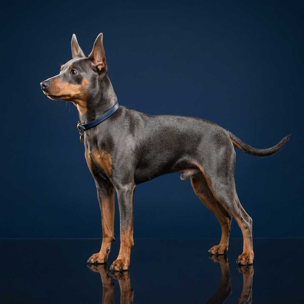 Miniature Pinscher: The Complete Breed Guide 6 A rare Blue and Tan Miniature Pinscher standing against a dark midnight navy background.
