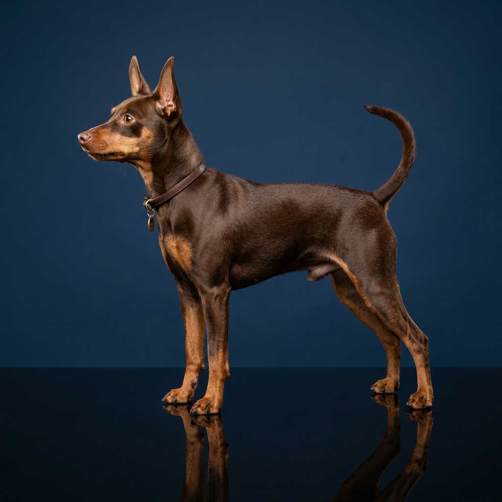 Miniature Pinscher: The Complete Breed Guide 5 A rich Chocolate and Tan Miniature Pinscher standing in profile against a dark navy background.