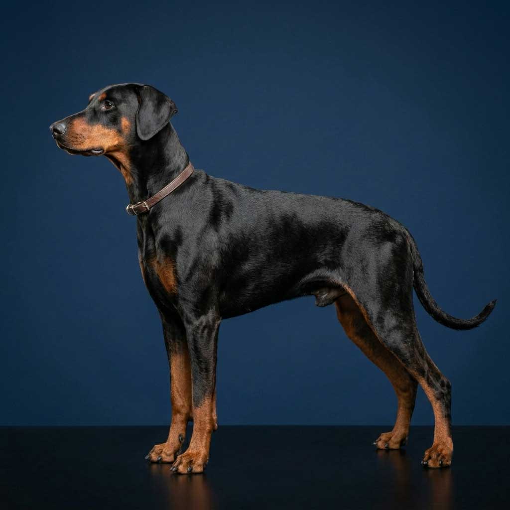 Miniature Pinscher: The Complete Breed Guide 10 A large, muscular Black and Rust Doberman Pinscher standing in profile with natural ears and a natural long tail.