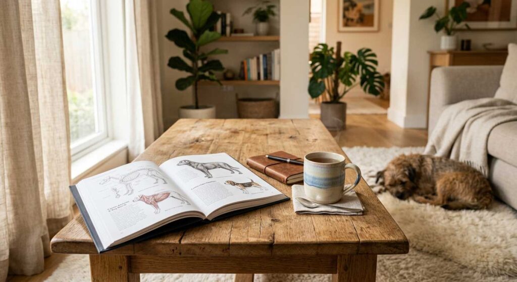 Anatomy & Dog Breed Terminology Guide 1 An open dog anatomy and dog breed terminology book on a wooden coffee table in a sunlit living room with a small dog sleeping in the background.