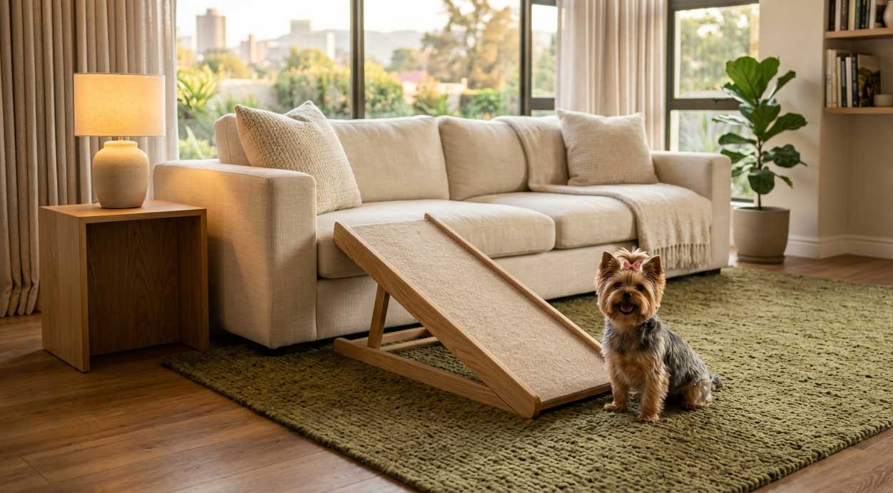 Anatomy & Dog Breed Terminology Guide 5 A wooden pet ramp placed against a low-profile cream sofa in a modern living room to prevent spinal injury in a Small Yorkshire Terrier.