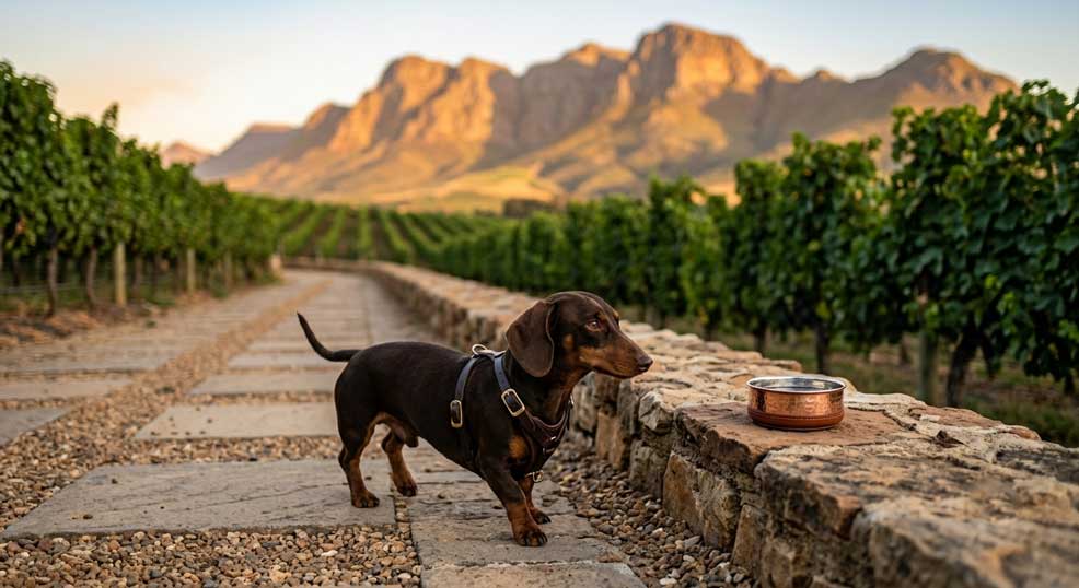 Anatomy & Dog Breed Terminology Guide 4 A dolichocephalic Miniature Dachshund wearing a secure body harness walking on a paved path in a Stellenbosch vineyard, South Africa.