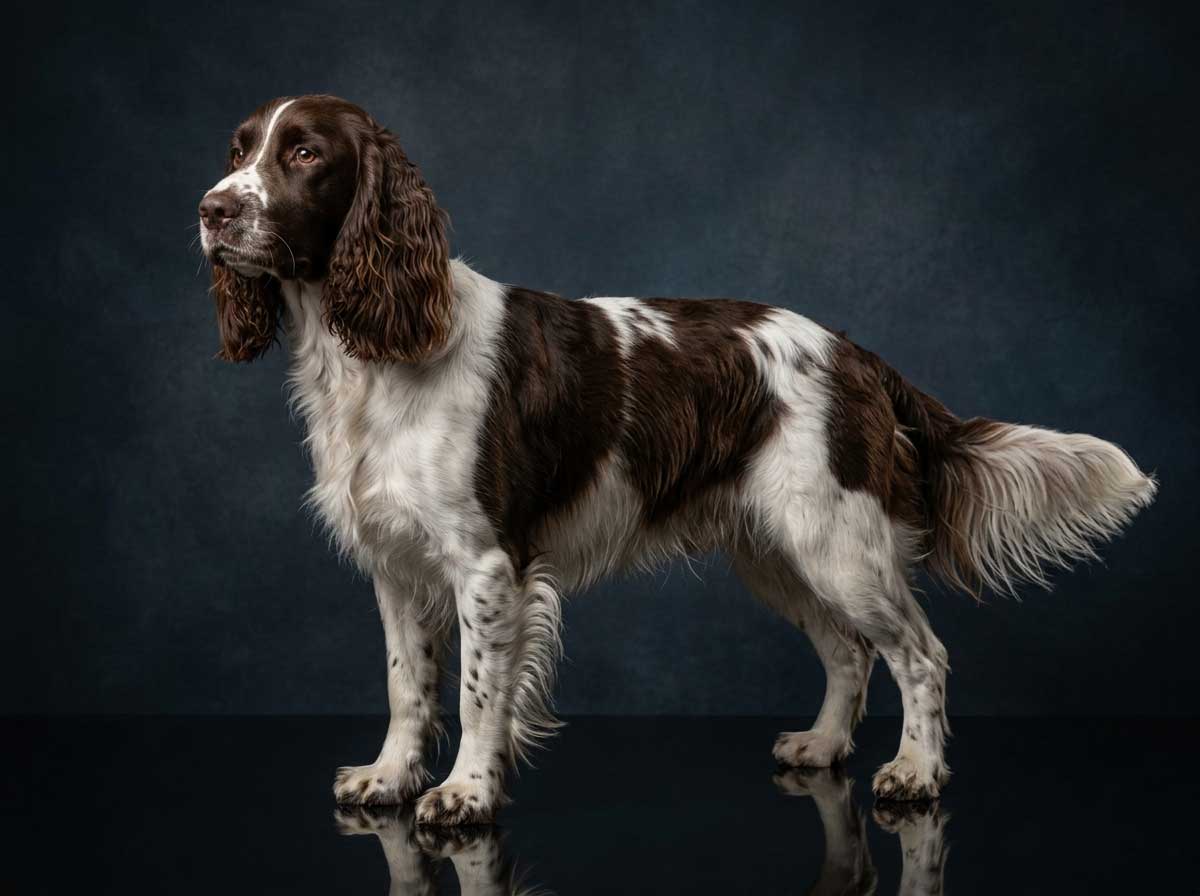 English Springer Spaniel South Africa | The Complete Guide 3 Conformation show-line English Springer Spaniel with a luxurious feathered double coat, blocky head, and long heavily feathered ears.