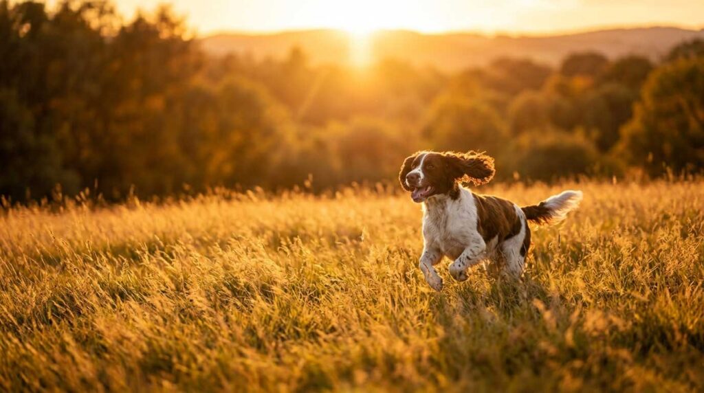 English Springer Spaniel South Africa | The Complete Guide 5 Scenic wide landscape of a liver and white English Springer Spaniel running happily through a golden grassy field during a warm South African sunset.