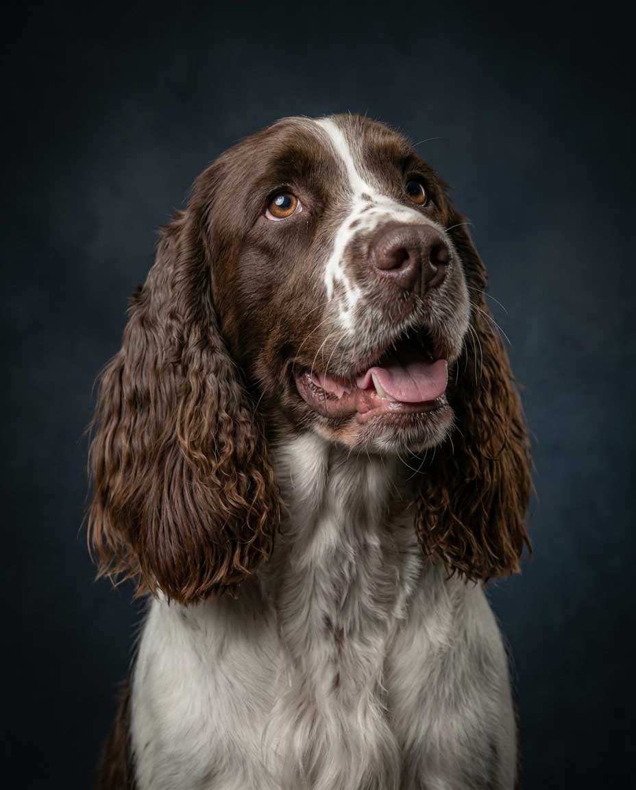 Close-up portrait of an intelligent English Springer Spaniel looking up attentively with a happy, focused, and eager-to-please expression.