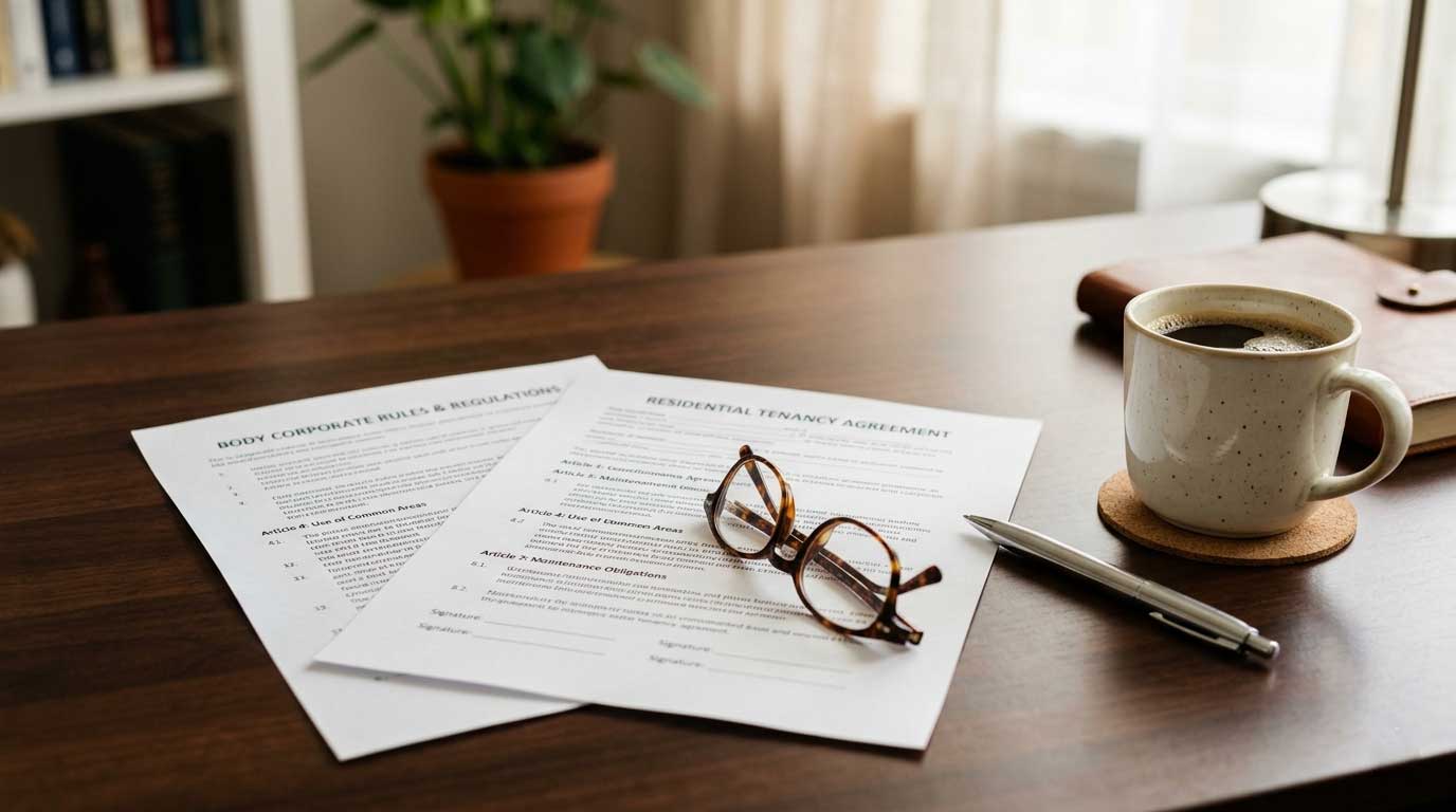 Legal documents, reading glasses, and a pen on a desk, representing South African sectional title and estate conduct rules.