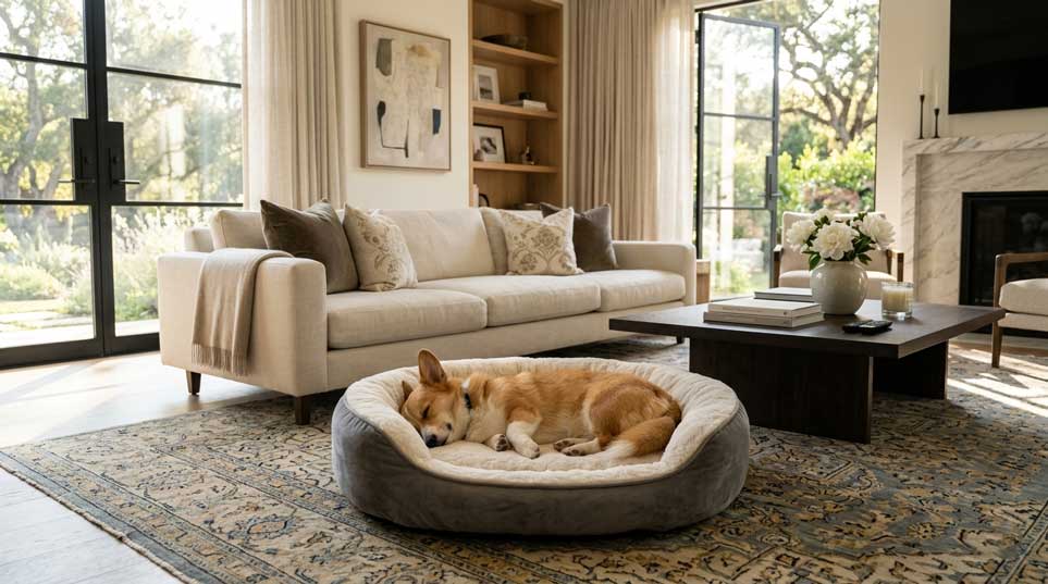 A small dog sleeping safely in a luxury home, representing SDA's cage-free rehoming process.