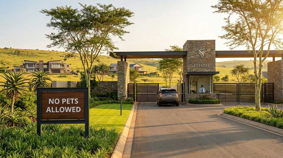 The entrance to a luxury South African security estate, representing strict HOA pet policies.