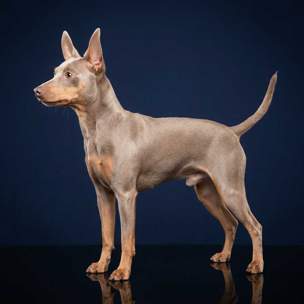 Miniature Pinscher: The Complete Breed Guide 7 A Fawn (Isabella) and Tan Miniature Pinscher with a sleek sandy-taupe coat sitting in profile.