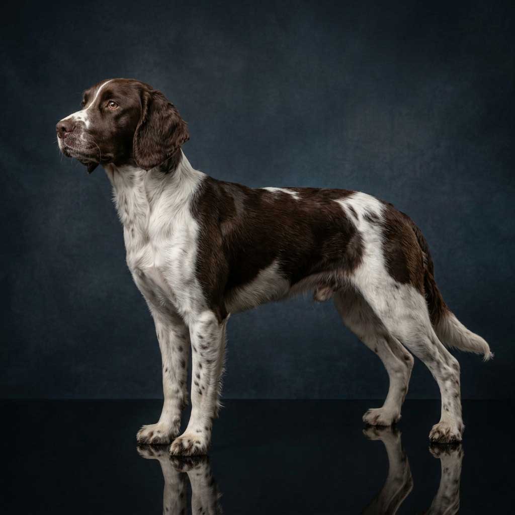 English Springer Spaniel South Africa | The Complete Guide 2 Athletic field-line English Springer Spaniel standing in a studio, showing its sleeker build, shorter ears, and active gundog conformation.