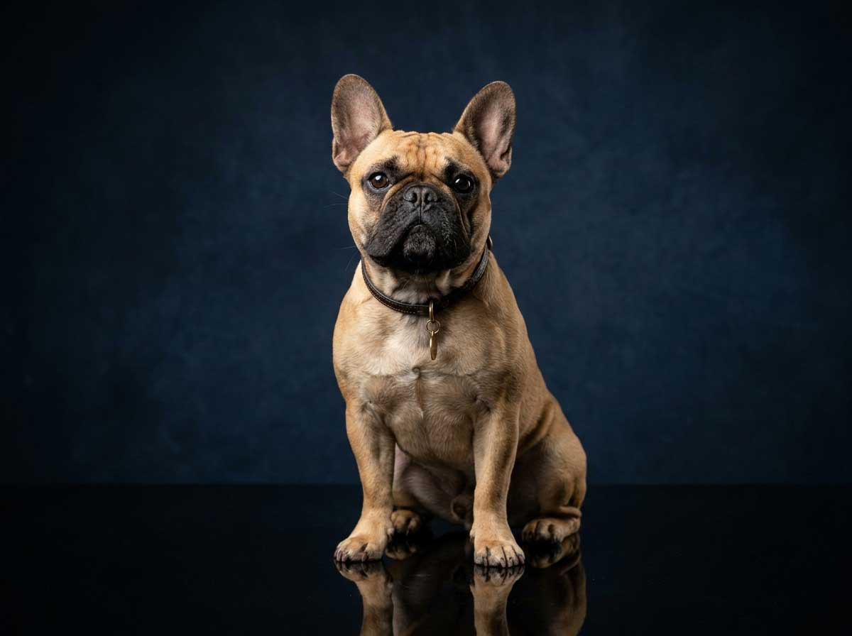 French Bulldog South Africa: The Complete Breed Guide 1 Fawn French Bulldog sitting in a professional dark navy studio setup