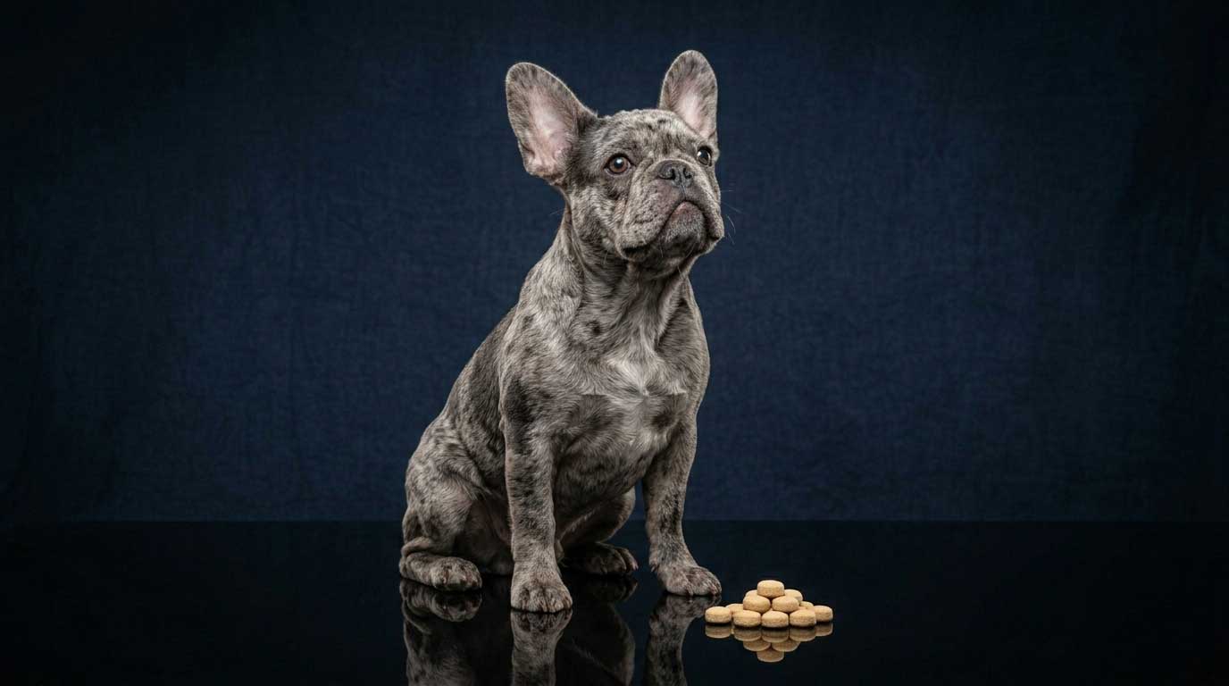 French Bulldog South Africa: The Complete Breed Guide 8 An attentive French Bulldog sitting on a reflective floor next to training treats in a studio setup