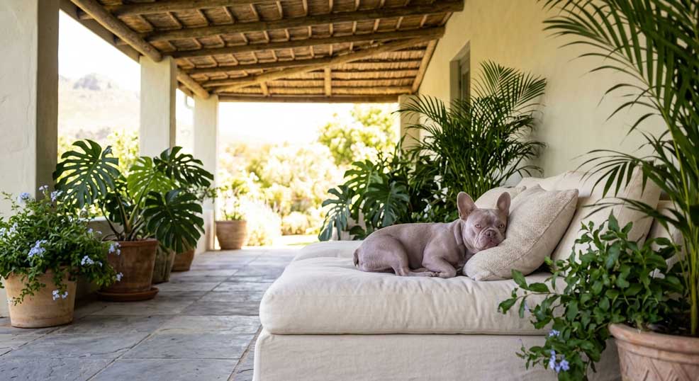 Anatomy & Dog Breed Terminology Guide 7 A lilac French Bulldog with a dilute coat resting on a covered, shaded outdoor patio daybed to protect its skin from the South African sun.