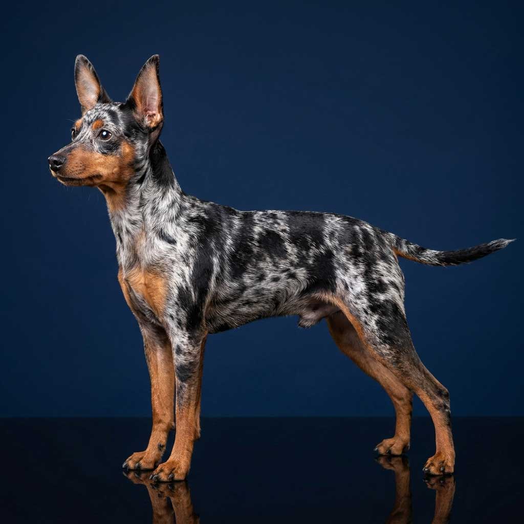 Miniature Pinscher: The Complete Breed Guide 8 A Merle Harlequin Pinscher with a marbled grey and black spotted coat standing against a navy backdrop.
