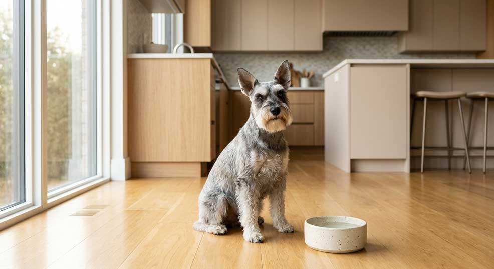Anatomy & Dog Breed Terminology Guide 3 An alert Miniature Schnauzer with a balanced, mesocephalic head shape sitting on a wooden floor in a modern kitchen.