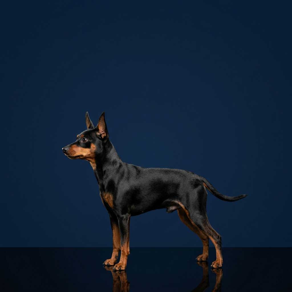 Miniature Pinscher: The Complete Breed Guide 9 A small Black and Tan Miniature Pinscher standing on a reflective floor, appearing tiny with empty space above it to show its actual small scale